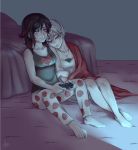  2girls absurdres arm_hug barefoot bed bedroom black_hair blanket blonde_hair carpet closed_eyes collarbone controller cuddling floral_print game_console highres jewelry multiple_girls murasaki-yuri necklace ruby_rose rwby signature sitting sleeping toes weiss_schnee xbox yuri 