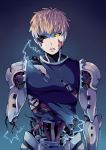  1boy artist_name black_sclera blonde_hair broken cyborg earrings electricity genos gradient gradient_background jewelry male_focus one-punch_man open_mouth round_teeth signature solo suikka teeth torn_clothes upper_body yellow_eyes 