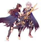  1boy 1girl armor barefoot black_gloves bow brown_eyes brown_hair cape dual_persona fighting fire_emblem fire_emblem_if gloves hairband my_unit_(fire_emblem_if) open_mouth red_eyes smile suikka sword torn_cape weapon white_hair 