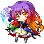  1girl black_boots black_coat blonde_hair blush_stickers boots cape chibi dress eyebrows eyebrows_visible_through_hair gradient_hair hijiri_byakuren juliet_sleeves long_sleeves looking_at_viewer lowres multicolored_hair puffy_sleeves purple_hair rainbow_order red_cape redhead shinobu_shinobu simple_background smile solo sorcerer&#039;s_sutra_scroll touhou white_background white_dress yellow_eyes 