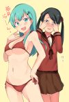  2girls :d alternate_costume aqua_eyes aqua_hair armpits bare_arms bare_shoulders bikini black_hair blue_eyes blush breasts brown_skirt contrapposto covered_eyes cowboy_shot hair_ornament hair_ribbon hairclip hand_on_hip kantai_collection long_hair long_sleeves mikuma_(kantai_collection) multiple_girls navel open_mouth peeking_through_fingers red_bikini ribbon sailor_collar school_uniform senbei_(senbe_i) serafuku short_hair side-tie_bikini sideboob simple_background skirt skirt_set smile suzuya_(kantai_collection) swimsuit text thighs tongue translation_request twintails under_boob yellow_background 