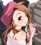  1girl bare_shoulders brown_eyes brown_hair commentary_request from_behind grin head_tilt idolmaster index_finger_raised looking_at_viewer minase_iori off-shoulder_shirt off_shoulder shirt smile sunglasses takeya_yuuki twintails 