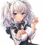  1girl alternate_costume blush bow breasts highres kantai_collection kashima_(kantai_collection) long_hair no_hat no_headwear satoimo_chika silver_hair sketch solo twintails violet_eyes wavy_hair white_background 