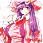  breasts crescent crescent_hair_ornament dress hair_ornament hat hat_ribbon heart hiro_(h-net) large_breasts long_hair mob_cap patchouli_knowledge pointing pointing_at_self purple_hair red_eyes ribbon smile striped striped_dress touhou 