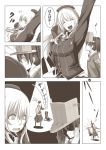  2girls accident atago_(kantai_collection) breast_slap breasts comic greyscale highres kantai_collection large_breasts military military_uniform monochrome multiple_girls pan-pa-ka-paaan! pantyhose ryuujou_(kantai_collection) satsumaimo_pai shaded_face smile spotlight translated uniform wavy_mouth 