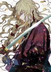  androgynous bangle bangs bead_necklace beads blonde_hair bracelet braid carrying_over_shoulder closed_eyes commentary_request earrings floating_hair from_side hair_ribbon highres holding holding_sword holding_weapon japanese_clothes jewelry katana kazari_tayu kimono knot lace_trim long_hair long_sleeves looking_down necklace original parted_lips prayer_beads profile red_ribbon ribbon single_braid solo sword tassel unsheathed upper_body violet_eyes wavy_hair weapon white_background 