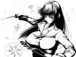 breasts erect_nipples flower huge_breasts kurofudo kyoko_ramon long_hair monochrome school_uniform serafuku sheath sword weapon 
