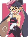  +_+ 1girl :d aori_(splatoon) bare_arms bare_shoulders black_hair bow cowboy_shot domino_mask earrings gazacy_(dai) gloves hair_bow hand_on_own_face hat highres jewelry looking_at_viewer mask mini_hat mole mole_under_eye one_eye_closed open_mouth pantyhose pink_background pink_legwear pointy_ears puffy_shorts short_eyebrows shorts simple_background smile solo splatoon tentacle_hair twintails white_gloves 
