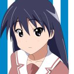  1girl :/ ascii_media_works azumanga_daioh black_eyes black_hair blush collarbone ears j.c._staff k-on! long_hair looking_at_viewer parody sakaki school_uniform serafuku shiromizakana_(style) simple_background solo style_parody tv_tokyo upper_body yagyuu_tomoe 