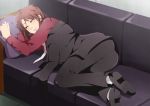  1boy brown_hair closed_eyes couch ichijou_(kaiji) jacket jacket_removed kaiji lying male_focus on_side pillow sleeping solo suikka 