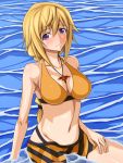  1girl bare_shoulders bikini blonde_hair blush body_blush braid breasts charlotte_dunois cleavage collarbone female hair_between_eyes hand_on_thigh highres infinite_stratos jewelry large_breasts light_smile long_hair looking_at_viewer mei_ichi midriff mound_of_venus navel outdoors partially_submerged pendant shiny shiny_skin sitting solo swimsuit thighs violet_eyes water 
