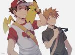  2boys artist_name brown_eyes brown_hair hat male_focus multiple_boys ookido_green ookido_green_(sm) orange_eyes orange_hair pikachu pokemon pokemon_(creature) pokemon_(game) pokemon_sm red_(pokemon) red_(pokemon)_(sm) shirt signature smile suikka sunglasses sunglasses_removed t-shirt wrist_cuffs 