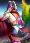  1girl ahri ass badcompzero bare_back breasts handheld_game_console headphones league_of_legends looking_at_viewer looking_back multiple_tails nail_polish pink_legwear purple_hair short_hair short_shorts shorts single_thighhigh solo tail thigh-highs 