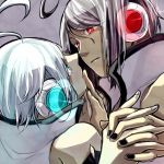  2boys ahoge black_nails closed_mouth creamyya dark_persona dual_persona eye_contact finger_to_another&#039;s_mouth glowing green_eyes grey_hair hand_holding interlocked_fingers looking_at_another male_focus multiple_boys nail_polish red_eyes utatane_piko vocaloid white_hair white_nails 