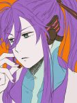  1boy creamyya green_eyes high_ponytail kamui_gakupo long_hair male_focus open_mouth orange_background purple_hair simple_background upper_body vocaloid 