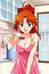 1girl apron bare_shoulders blush breasts cleavage green_eyes high_ponytail holding indoors kitchen long_hair looking_at_viewer mana_(super_real_mahjong) naked_apron offering official_art open_mouth orange_hair smile solo spoon super_real_mahjong tanaka_ryou