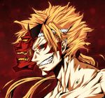  1boy black_sclera blonde_hair clenched_teeth facial_mark glowing glowing_eyes grin headband kajiri_kamui_kagura long_hair male_focus mask monster_boy muscle oni pointy_ears ponytail portrait profile red_background red_eyes sharp_teeth simple_background smile solo teeth tenma_sukuna topless upper_body wind wrinkles 