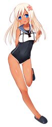  1girl absurdres ass_visible_through_thighs bangs black_footwear blonde_hair blue_eyes covered_navel crop_top flower full_body gin00 hair_between_eyes hair_flower hair_ornament hibiscus highres kantai_collection long_hair looking_at_viewer one-piece_swimsuit one-piece_tan open_mouth ro-500_(kantai_collection) sailor_collar school_swimsuit school_uniform serafuku simple_background slippers solo swimsuit swimsuit_under_clothes tan tanline white_background 