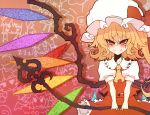  1girl ascot blonde_hair bow collarbone crystal demekyon fang female flandre_scarlet hat hat_bow laevateinn puffy_sleeves red_eyes short_hair short_sleeves side_ponytail smile solo standing touhou weapon wings 