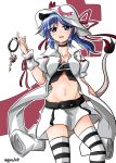  1girl alternate_costume animal_ears blue_eyes blue_hair cosplay doremy_sweet hat highres merry_nightmare_(cosplay) midriff navel open_mouth oshiaki short_hair skirt smile solo striped striped_legwear tail tapir_ears tapir_tail thigh-highs touhou yumekui_merry 