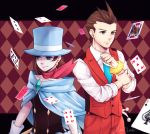  1boy 1girl blue_cape blue_eyes blue_hat blue_necktie brooch brown_eyes brown_hair cape card collared_shirt earrings formal gloves gyakuten_saiban hat janelle jewelry magician naruhodou_minuki necktie odoroki_housuke pants playing_card red_vest scarf shirt short_hair signature sleeves_rolled_up smile suit top_hat vest 