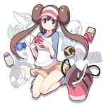  10s 1girl absurdres bag blue_eyes brown_hair copyright_name double_bun highres holding lena_(zoal) long_hair mei_(pokemon) no_legwear no_panties oshawott poke_ball pokemon pokemon_(game) pokemon_bw2 raglan_sleeves shorts skirt smile snivy sweets tepig twintails visor_cap 