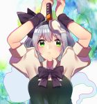  arms_up collared_shirt frown ghost green_eyes green_vest hair_ribbon hairband highres hitodama holding holding_sword holding_weapon konpaku_youmu konpaku_youmu_(ghost) looking_at_viewer puffy_short_sleeves puffy_sleeves renka_(sutegoma25) ribbon shirt short_hair short_sleeves silver_hair sword touhou vest weapon wristband 