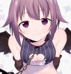  1girl abe_(kumayu) bare_shoulders black_wings breasts chains cleavage cleavage_cutout collar elbow_gloves face gloves heart heart-shaped_pupils idolmaster idolmaster_cinderella_girls koshimizu_sachiko leash looking_at_viewer midriff portrait simple_background sleeveless smile solo sparkle_background symbol-shaped_pupils violet_eyes white_background wings 