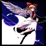  1girl arm_garter black_border blonde_hair blue_background border bow bowtie crescent dress feathered_wings feathers gengetsu hair_bow juliet_sleeves kikoka_(mizuumi) long_sleeves looking_at_viewer outstretched_arm puffy_sleeves red_bow red_bowtie skirt_hold sleeve_cuffs smile solo touhou white_dress white_legwear white_wings wings yellow_eyes 