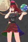  1girl absurdres black_shirt chains clothes_writing collar covering_one_eye earth_(ornament) grey_background hecatia_lapislazuli highres long_hair moon_(ornament) multicolored_skirt off-shoulder_shirt open_mouth ozu_(agito100001) polos_crown red_eyes redhead shirt smile solo t-shirt touhou 