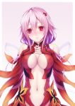  1girl bare_shoulders blush breasts center_opening cleavage elbow_gloves fingerless_gloves gloves guilty_crown hair_ornament highres long_hair looking_at_viewer navel red_eyes simple_background solo steelleets white_background yuzuriha_inori 