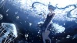  1girl barefoot barli black_dress blue_eyes blue_hair breasts bubble cleavage collarbone dress floating_hair hair_ornament hatsune_miku highres long_hair shinkai_shoujo_(vocaloid) small_breasts smile solo twintails underwater very_long_hair vocaloid 