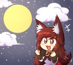  &gt;:d +++ 1girl :d animal_ears blush brooch brown_hair chibi clenched_hands dress fang full_moon imaizumi_kagerou jewelry long_hair long_sleeves moon night night_sky open_mouth red_eyes sky smile solo star_(sky) starry_sky tail tail_wagging touhou wolf_ears wolf_tail wool_(miwol) 