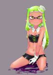  adapted_costume artist_request bare_shoulders breasts cleavage collar cosplay crop_top gloves green_hair hat highres hotaru_(splatoon) hotaru_(splatoon)_(cosplay) inkling long_hair midriff miniskirt navel skirt small_breasts splatoon tentacle_hair yellow_eyes 