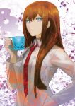  1girl aqua_eyes cup highres huke labcoat long_hair makise_kurisu necktie red_necktie solo steins;gate 