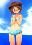  1girl beach bikini blush brown_hair card_captor_sakura green_eyes kamitsurugi_ouka kinomoto_sakura navel ocean solo swimsuit water 