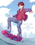  1boy artist_name back_to_the_future blue_eyes brown_hair building clouds dated full_body hover_board jacket male_focus marty_mcfly open_mouth round_teeth shoes signature skyscraper smile sneakers solo suikka teeth 