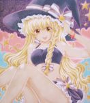  1girl :d absurdres acrylic_paint_(medium) bangle bare_shoulders blonde_hair bow bracelet braid brown_eyes female frills hat hat_bow highres jewelry kirisame_marisa long_hair marker_(medium) midriff open_mouth ribbon single_braid skirt smile solo star touhou traditional_media w0ru witch_hat 