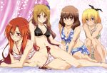  4girls absurdres bikini blonde_hair blue_eyes blush breasts brown_eyes brown_hair cleavage criss-cross_halter dakara_boku_wa_h_ga_dekinai floral_print fukumune_iria glasses halter_top halterneck highres kamimoto_kanetoshi legs lisara_restall long_hair lying medium_breasts multicolored_stripes multiple_girls navel nyantype official_art on_side ookura_mina polka_dot polka_dot_bikini polka_dot_swimsuit print_bikini quele_sellier red_eyes redhead scan short_hair side-tie_bikini small_breasts smile striped striped_bikini striped_swimsuit swimsuit very_long_hair violet_eyes 