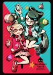  2girls 7-eleven :d alternate_costume aori_(splatoon) arm_up black_hair black_skirt blue_jacket blue_shoes brown_eyes copyright_name cousins domino_mask earrings food grey_hair hand_on_hip holding hotaru_(splatoon) jacket jajji-kun_(splatoon) jewelry keijou_(cave) looking_at_another mask miniskirt mole mole_under_eye multiple_girls octarian onigiri open_clothes open_jacket open_mouth pleated_skirt pointy_ears red_jacket red_shoes shoes skirt sleeves_rolled_up smile sneakers splatoon squid star tentacle_hair wristband 