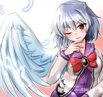  1girl bow bowtie braid dress feathered_wings feathers highres jacket kishin_sagume one_eye_closed open_clothes open_jacket oshiaki purple_dress red_eyes silver_hair single_wing solo touhou white_wings wings 