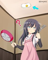  1girl :&lt; ? apron arm_warmers asashio_(kantai_collection) black_hair blush directional_arrow dress_shirt frying_pan grey_eyes highres kantai_collection long_hair shirt solo spatula sunny_side_up_egg suspenders tamayan 