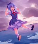  +_+ 1girl artist_name bloomers blue_dress blue_eyes blue_hair bow cirno dress floating full_body hair_bow ice ice_wings ocean open_mouth puffy_short_sleeves puffy_sleeves round_teeth short_sleeves signature smile solo suikka teeth touhou underwear wings 