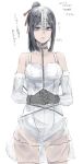  1girl artist_name bare_shoulders black_hair dated dress elbow_gloves gloves long_hair looking_at_viewer ponytail saliva see-through sigama simple_background solo translated white_background white_dress 