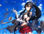  1girl bare_shoulders black_hair breasts brown_eyes cannon clouds collarbone controller elbow_gloves eyebrows eyebrows_visible_through_hair funnels garter_straps glove_pull gloves hair_between_eyes incandescence index_finger_raised joystick kantai_collection long_hair looking_at_viewer machinery medium_breasts midriff navel necktie ocean pleated_skirt ponytail red_skirt scrunchie skirt smoke solo tank_top turret very_long_hair white_gloves yahagi_(kantai_collection) 