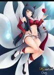 1girl ahri animal_ears black_hair blush breasts cheng cleavage detached_sleeves facial_mark female fire flame fox_ears fox_tail heart korean_clothes large_breasts league_of_legends long_hair looking_at_viewer multiple_tails navel panties smile solo tail underwear whisker_markings yellow_eyes 