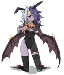  1girl animal_ears bad_id biting blue_eyes breasts bunny_girl bunnysuit claws demon_girl demon_wings duel_monster heterochromia highres kneeling leotard multicolored_hair purple_hair purple_skin rabbit_ears red_eyes saito_katuo simple_background single_shoe small_breasts solo stuffed_animal stuffed_toy teddy_bear third_eye two-tone_hair white_hair wings yu-gi-oh! yubel yuu-gi-ou_gx 