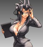  1girl adjusting_glasses black_hair bra breasts cleavage clipboard curvy demon_girl eu03 formal glasses holding horns jacket lace lace-trimmed_bra large_breasts lingerie lips long_hair miniskirt office_lady original pencil_skirt sidelocks skirt skirt_suit solo succubus suit tsuno unbuttoned underwear violet_eyes white_bra 