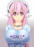  1girl 4chan blush breasts cleavage clothes_writing headphones huge_breasts jewelry long_hair looking_at_viewer magister_(bigbakunyuu) magister_(medical_whiskey) necklace nitroplus pink_eyes pink_hair shirt smile solo super_sonico taut_clothes taut_shirt v_arms 