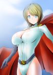  1girl alien blonde_hair blue_eyes breasts cape cleavage cleavage_cutout dc_comics flying highres huge_breasts kryptonian leotard power_girl short_hair solo tennkai-akeci_mirakuru 